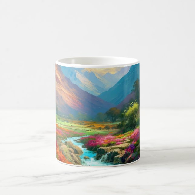 Mug Colorful Mountain Valley, Flowers and River Poster (Centre)