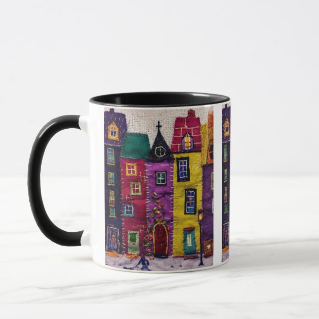 Mug Colorful Patchwork Houses Textile Art (Gauche)