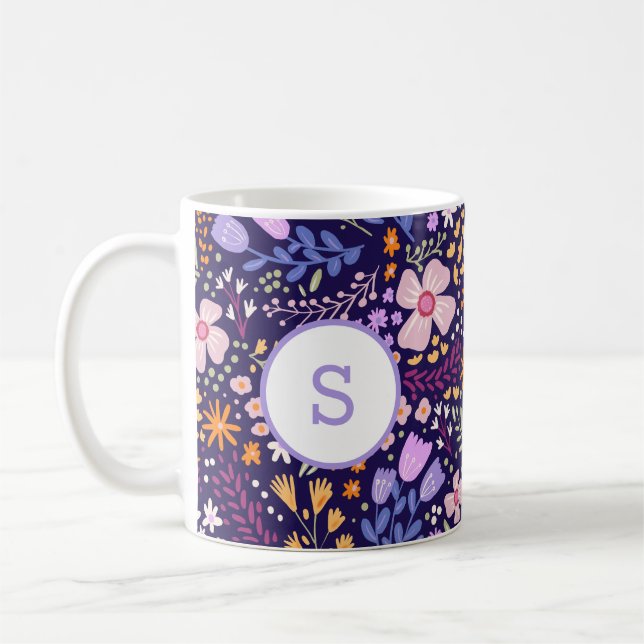 Mug Colorful Watercolor Flower Pattern Spring Monogram (Gauche)