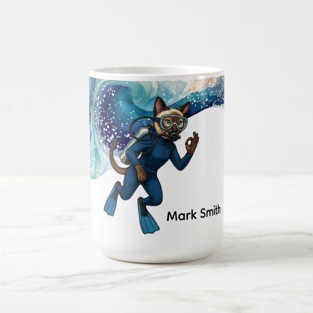 Mug Combinaison de plongée bleue Scuba Cat avec votre  (Centre)