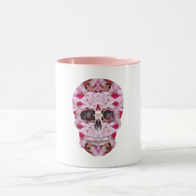 Mug Combo du crâne, Art crâne floral rose (Centre)