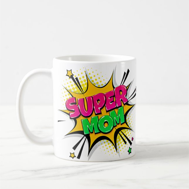 Mug Comic Pop Art violet vert jaune SUPER MOM Funny (Gauche)