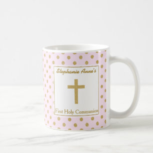 Mug Communion rose avec Pois d'or