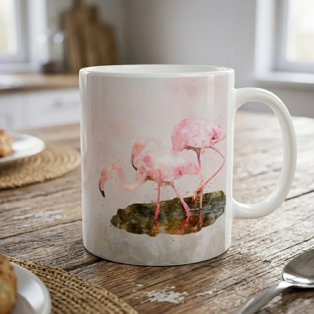 Mug Compagnie de Flamants Roses dans l'Art à l'Aquarel (Pink Flamingos Companionship in Watercolor Art. Coffee Mug)