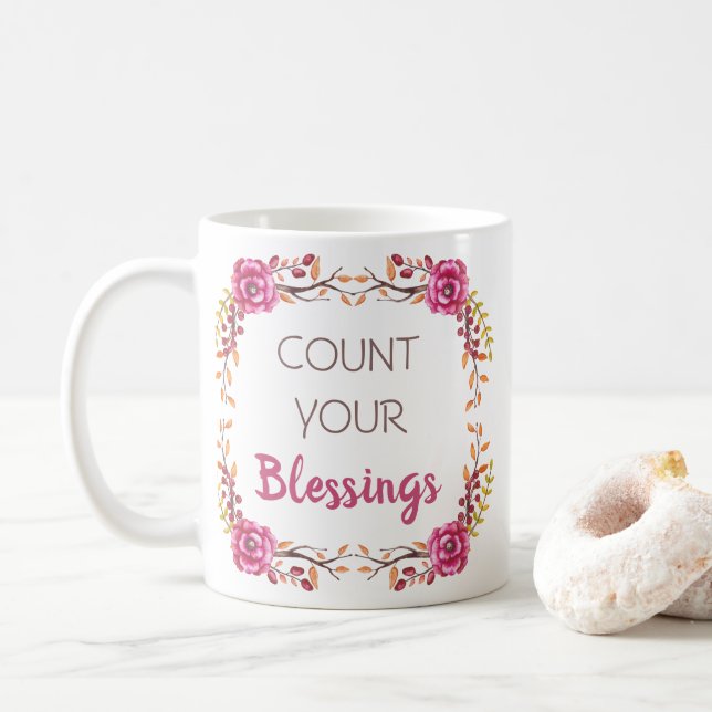 Mug Comptez vos bénédictions Automne Floral Thanksgivi (Avec donut)
