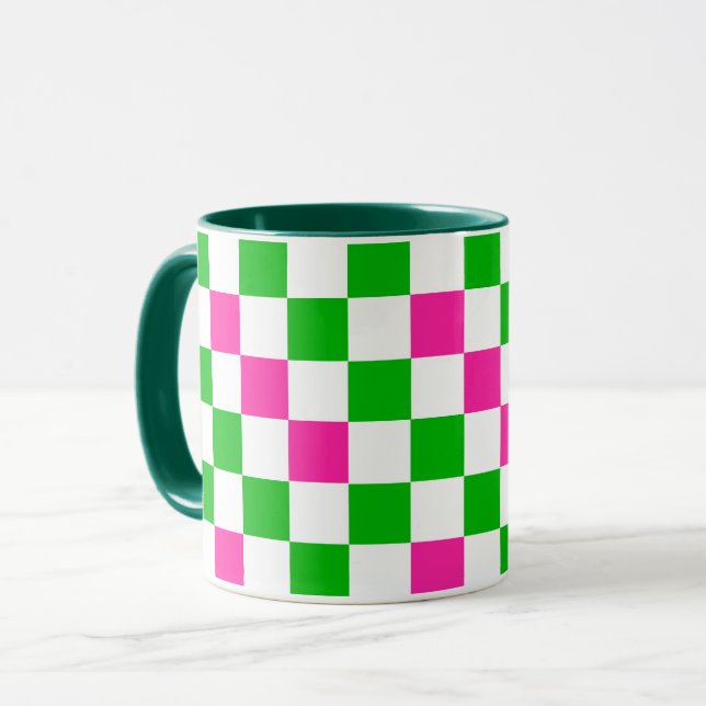 Mug Conception à carreaux rose blanc vert  (Devant gauche)