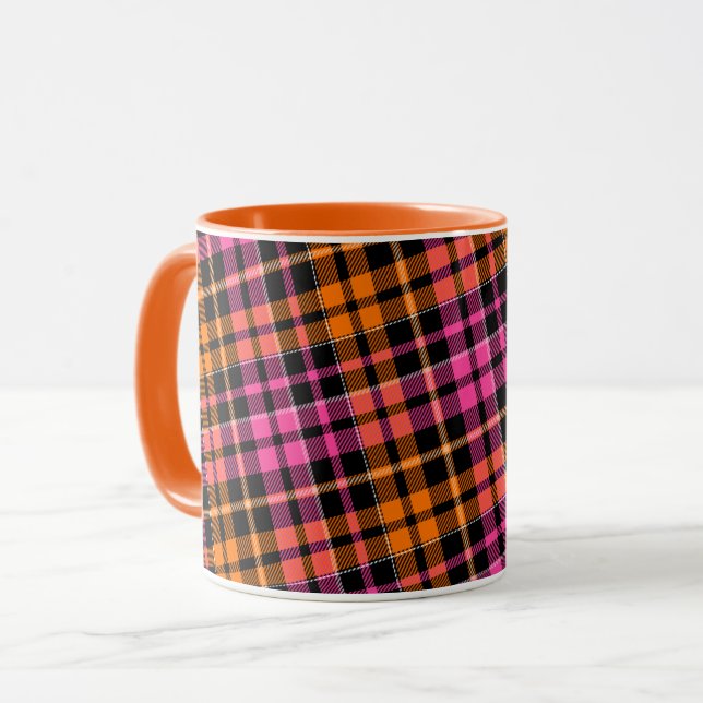 Mug Conception à carreaux tartan noir rose orange  (Devant gauche)