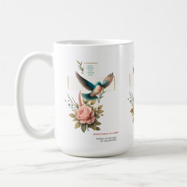 Mug Conception chrétienne avec croix et oiseau (Gauche)