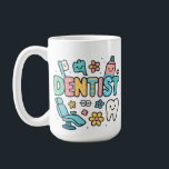 Mug Conception d'art Word Dentiste<br><div class="desc">Éclairez vos projets sur le thème dentaire avec ce design d'art de mots Dentiste amusant et coloré! Chaque lettre est décorée d'éléments dentaires ludiques tels qu'une brosse à dents, un dentifrice, des accolades, une icône de dent, une chaise dentaire et des marguerites joyeuses. Conçu dans un style audacieux et dynamique...</div>