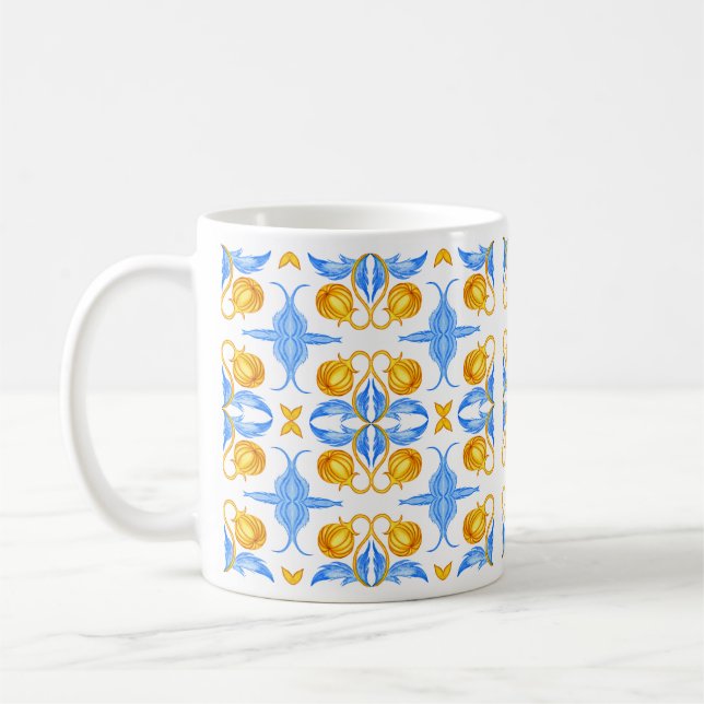 Mug Conception de carreaux botaniques dorés et bleus – (Gauche)