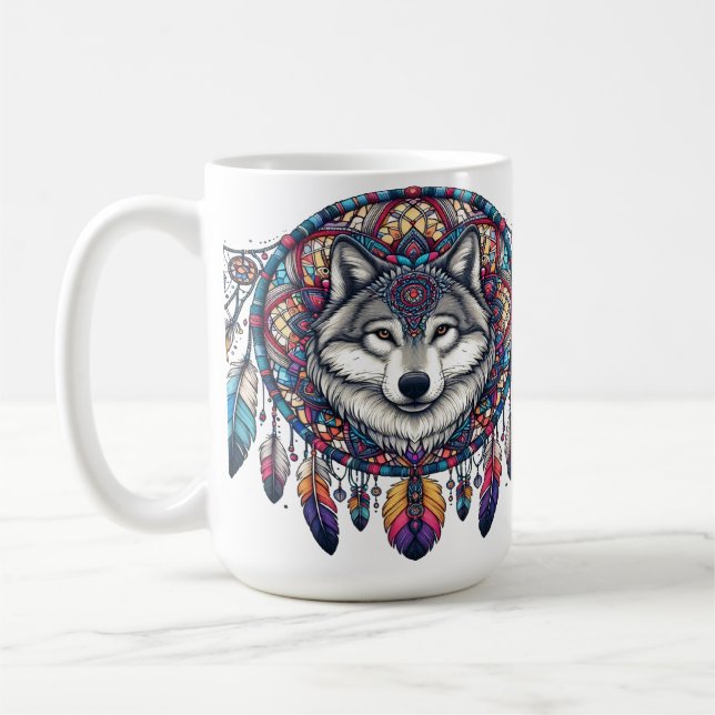 Mug Conception de Mandala de Loup avec Attrape-Rêves e (Gauche)