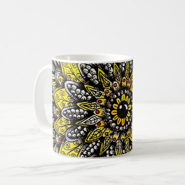 Mug Conception de mandala dessinée à la main jaune ver (Devant gauche)