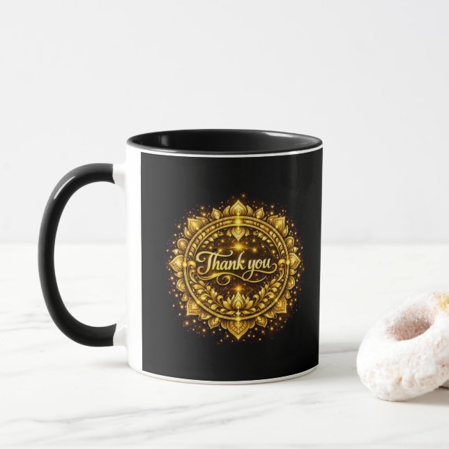 Mug Conception de mandala élégante dorée "Merci" avec  (Avec donut)