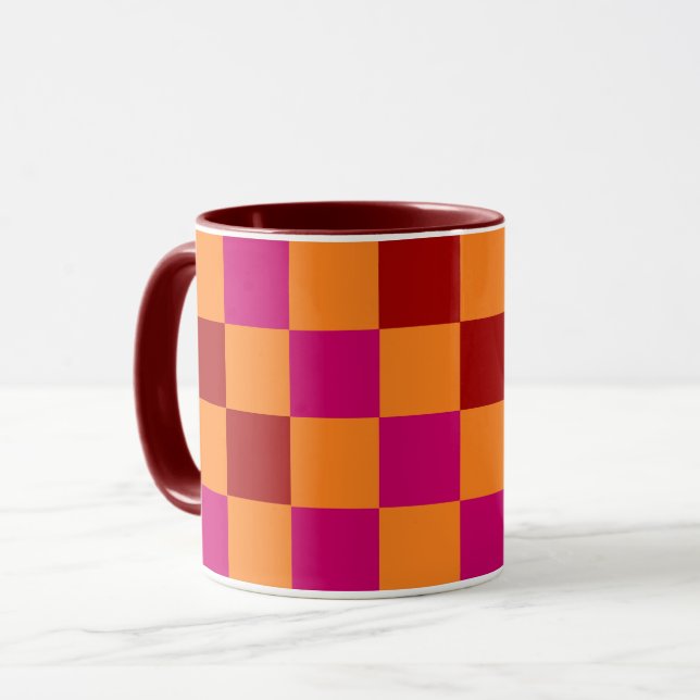 Mug Conception de motif à carreaux rouge orange rose  (Devant gauche)