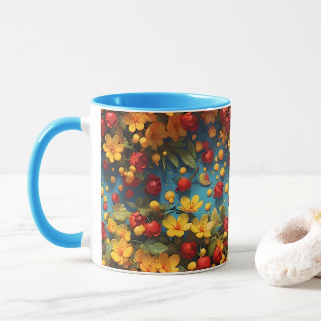 Mug Conception de motif floral jaune et rouge vibrant (Avec donut)