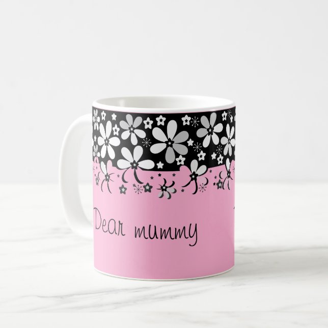 Mug Conception florale de fleurs de dessin animé noir  (Devant gauche)
