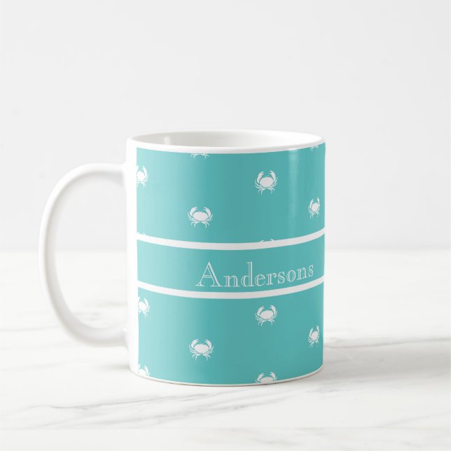 Mug Conception nautique avec crabe blanc sur fond bleu (Gauche)