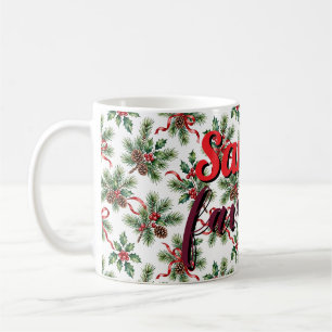 Mug Cône de pin de Noël à l'aquarelle et ruban de houx