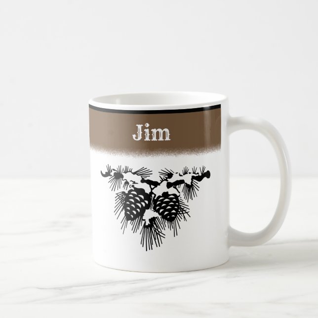 Mug Cônes de pin enneigés noir et blanc avec nom (Droite)
