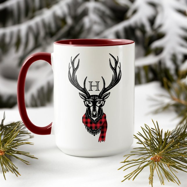 Mug Confortable et chaleureux | Monogramme de cerfs de (Cozy & Warm | Red Buffalo Plaid Deer Monogram Mug)