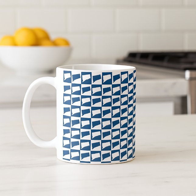 Mug Connecticut State Silhouette Pattern in Blue White (A mug with a blue and white pattern featuring the US state of Connecticut.)