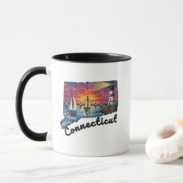 Mug Connecticut State Tattoo Style Lighthouse coucher  (Avec donut)