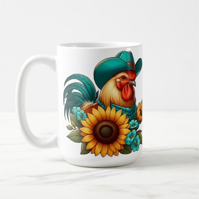 Mug Coq avec chapeau sarcelle et tournesols  (Gauche)