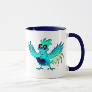 Mug Coq cartoon bleu joyeux avec ailes déployées.