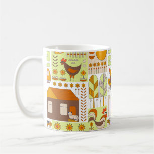 Mug Coq et deux poules, oeufs, fleurs, maison, drawin