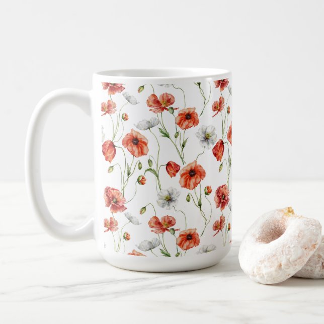 Mug Coquelicots et fleurs sauvages blanches de prairie (Avec donut)