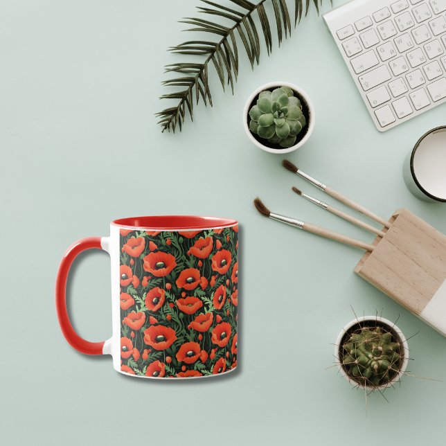 Mug Coquelicots Fleurs Floral Feuillage imprimé partou (Red Floral Flowers Poppies Greenery Colored Handle Coffee Mug.)