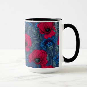 Mug Coquelicots rouges et fleurs bleues sur bleu