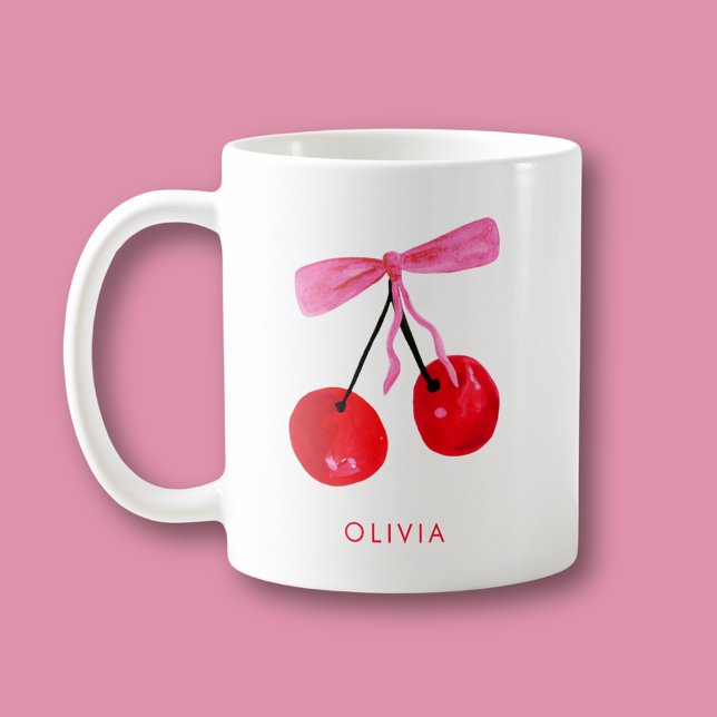 Mug Coquette Cherry & Bow (Coquette cherry and bow girly coffee mug. Personalize with your own name or initials.)