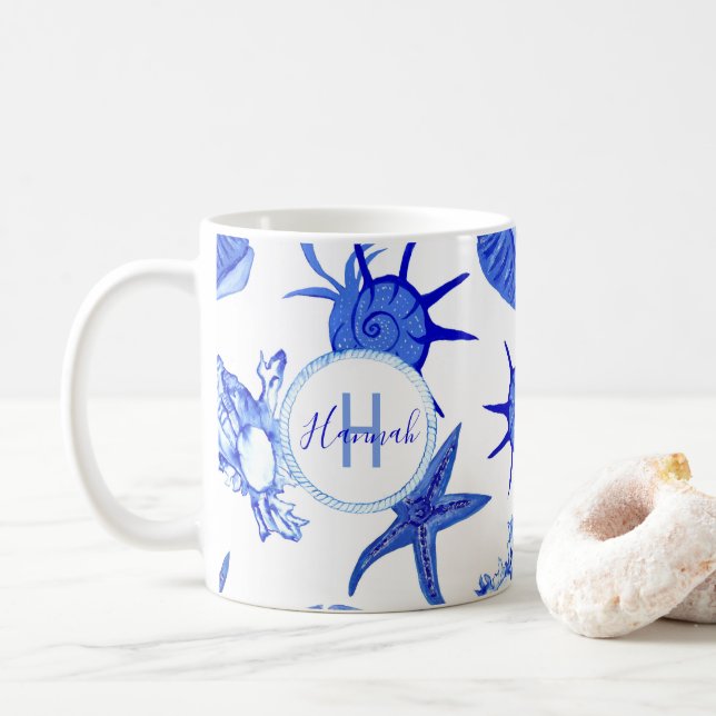 Mug Coquillage bleu mélangé motif-nom monogramme perso (Avec donut)