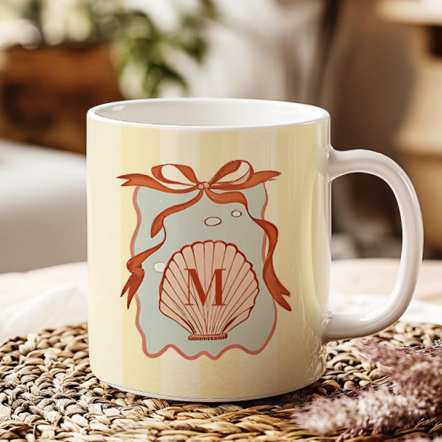 Mug Coquillage côtier Rétro Monogramme Personnalisé (Créateur téléchargé)