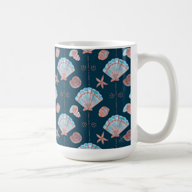 Mug Coquillages en bronze et bleu clair sur bleu foncé (Droite)