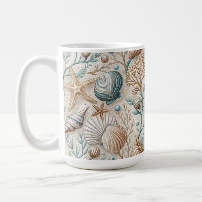 MUG COQUILLES BROWNS VERT BLANC ET FEUILLAGE AQUATIQUE (Gauche)