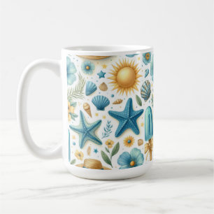 MUG COQUILLES DE L'ÉTÉ BLEU ET JAUNE SOLEILS FLEURS