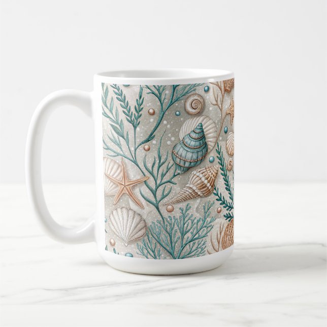 MUG COQUILLES MARINES ET FEUILLAGE AQUATIQUE BRUN VERT (Gauche)