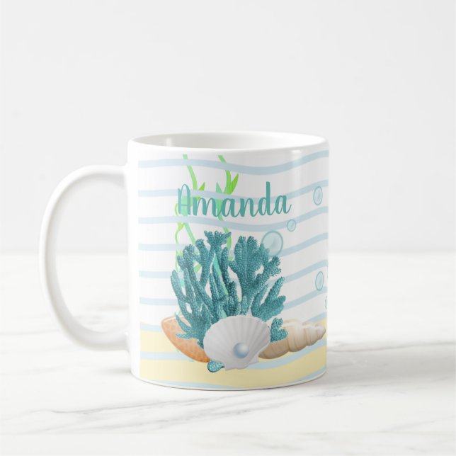 Mug Corail bleu, coquillages et perle bleue (Gauche)