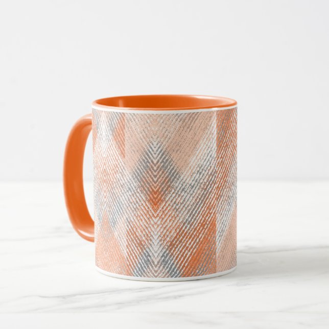 Mug Corail, orange, beige, gris texturé zigzag. (Devant gauche)