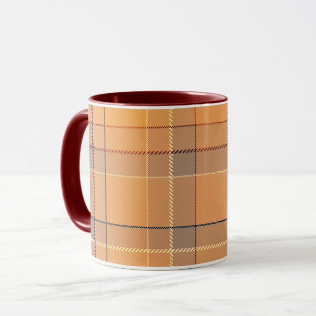 Mug Corail, orange, tartan brun. (Devant gauche)