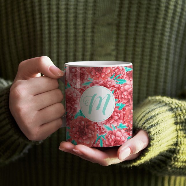 Mug Coral Floral Patte & Monogramme (Coral Floral Pattern Monogram Mug)