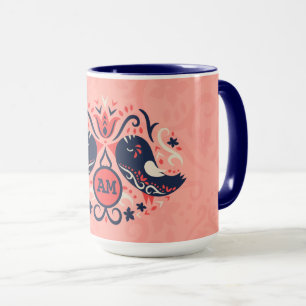 Mug Coral Navy Blue Monogrammed Folk Art Birds Décor