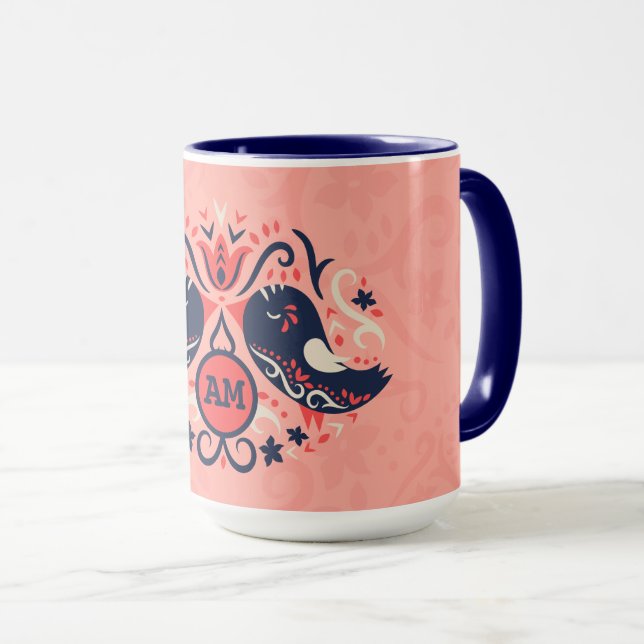 Mug Coral Navy Blue Monogrammed Folk Art Birds Décor (Devant droit)