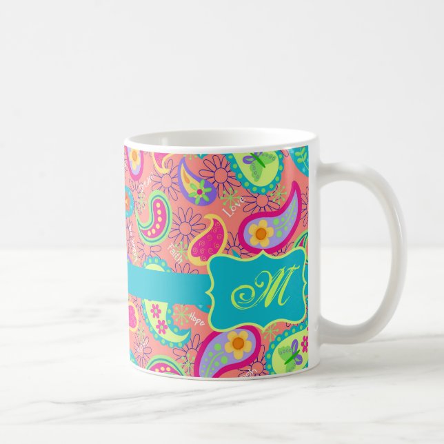 Mug Coral Orange Moderne Paisley Motif Monogramme (Droite)