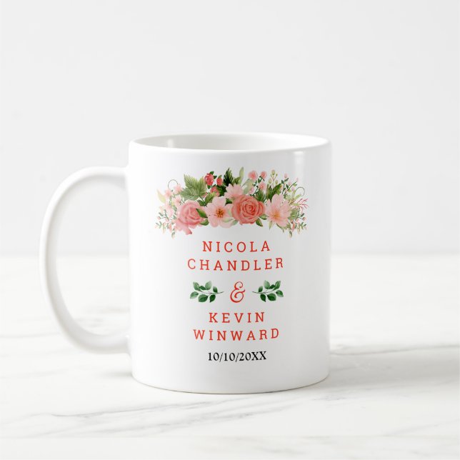 Mug Coral Red Roses with Foliage Wedding (Gauche)
