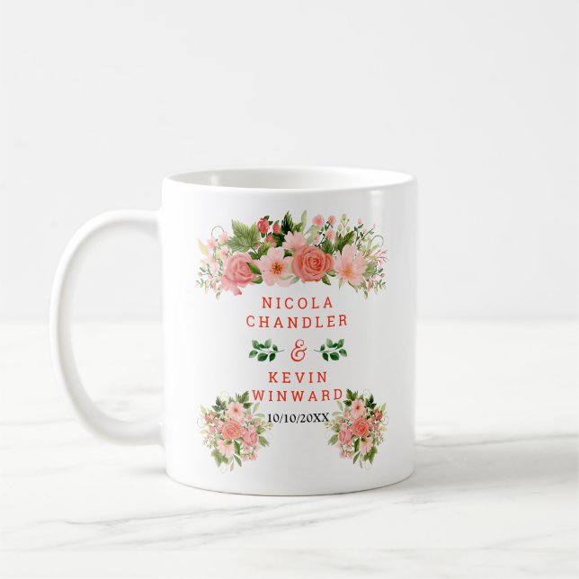 Mug Coral Red Roses with Foliage Wedding (Gauche)