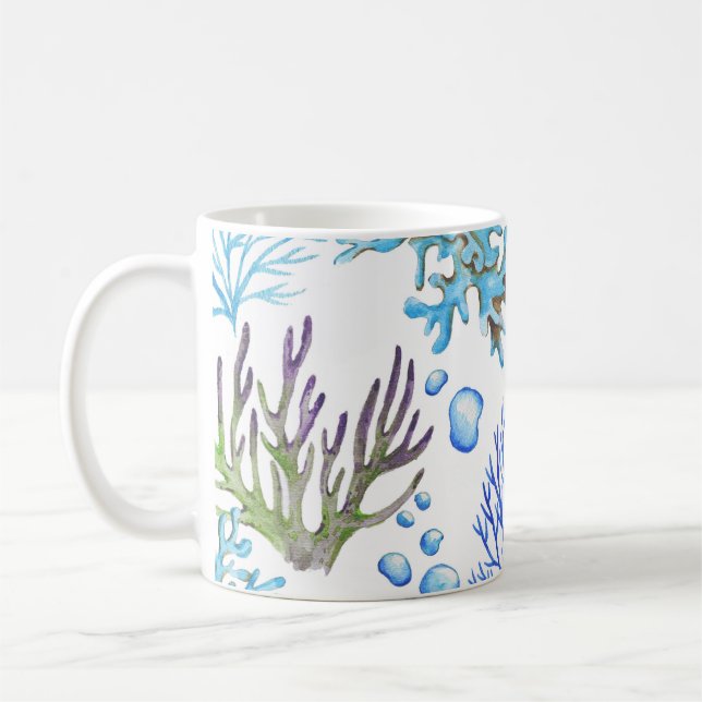 Mug Coraux dessinés à la main : motif sous-marin. (Gauche)