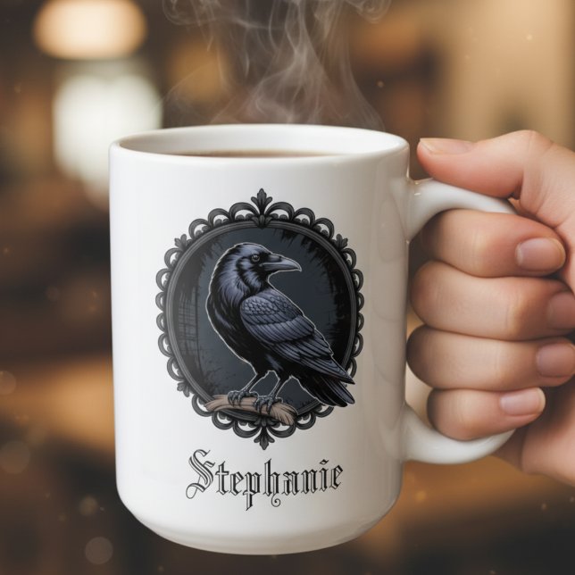 Mug Corbeau gothique avec nom (Dual sided gothic raven personalized coffee mug)